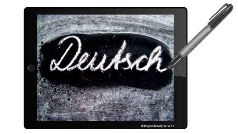 Tablet mit dem Schriftzug 'Deutsch' auf dem Display
